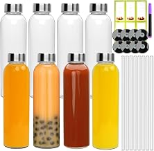 Encheng 16oz Glass Bottles,Reusable Glass Juice Bottles with Lids and Straws,Set of 8,Clear Glass Water Juicer Containers with Two-types of Lid for Beverage,Smoothies,Milk,Iced Coffee,Tea,Sauces