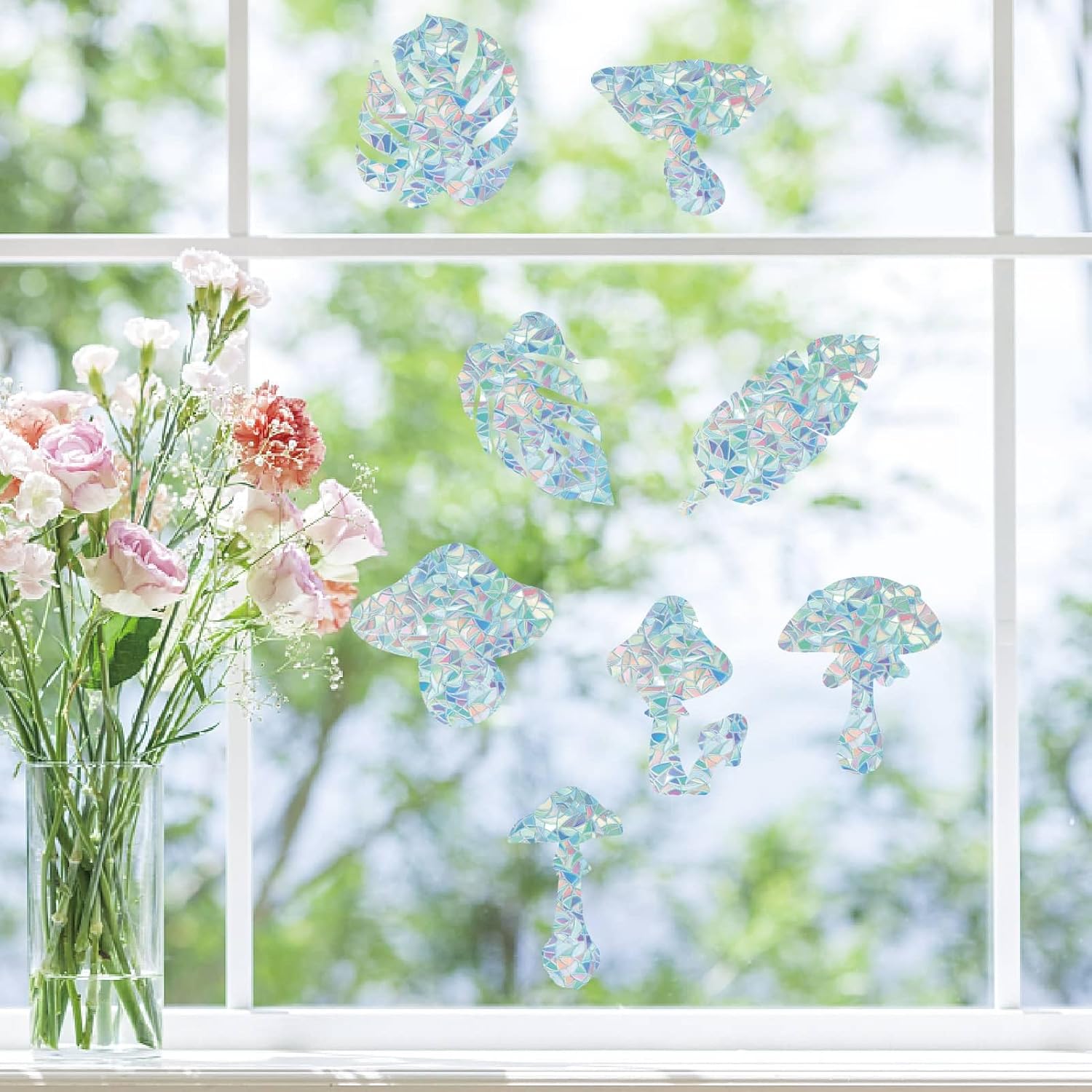 GORGECRAFT 16Pcs Mushroom Rainbow Window Clings Glans Dorsal Leaf Static Window Stickers 3D Decorative Non Adhesive Glass Vinyl Film Laser Stained Decals for Sliding Doors Prevent Birds Strikes