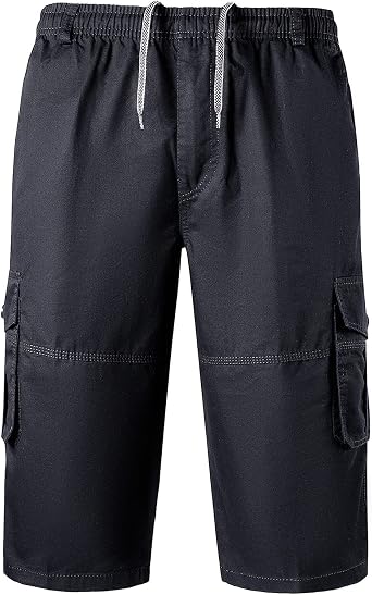 Mens Cargo Short Casual Twill Elastic Capri Long Short Pants 3/4 Bermuda Shorts Multi-Pocket Cropped Trouser