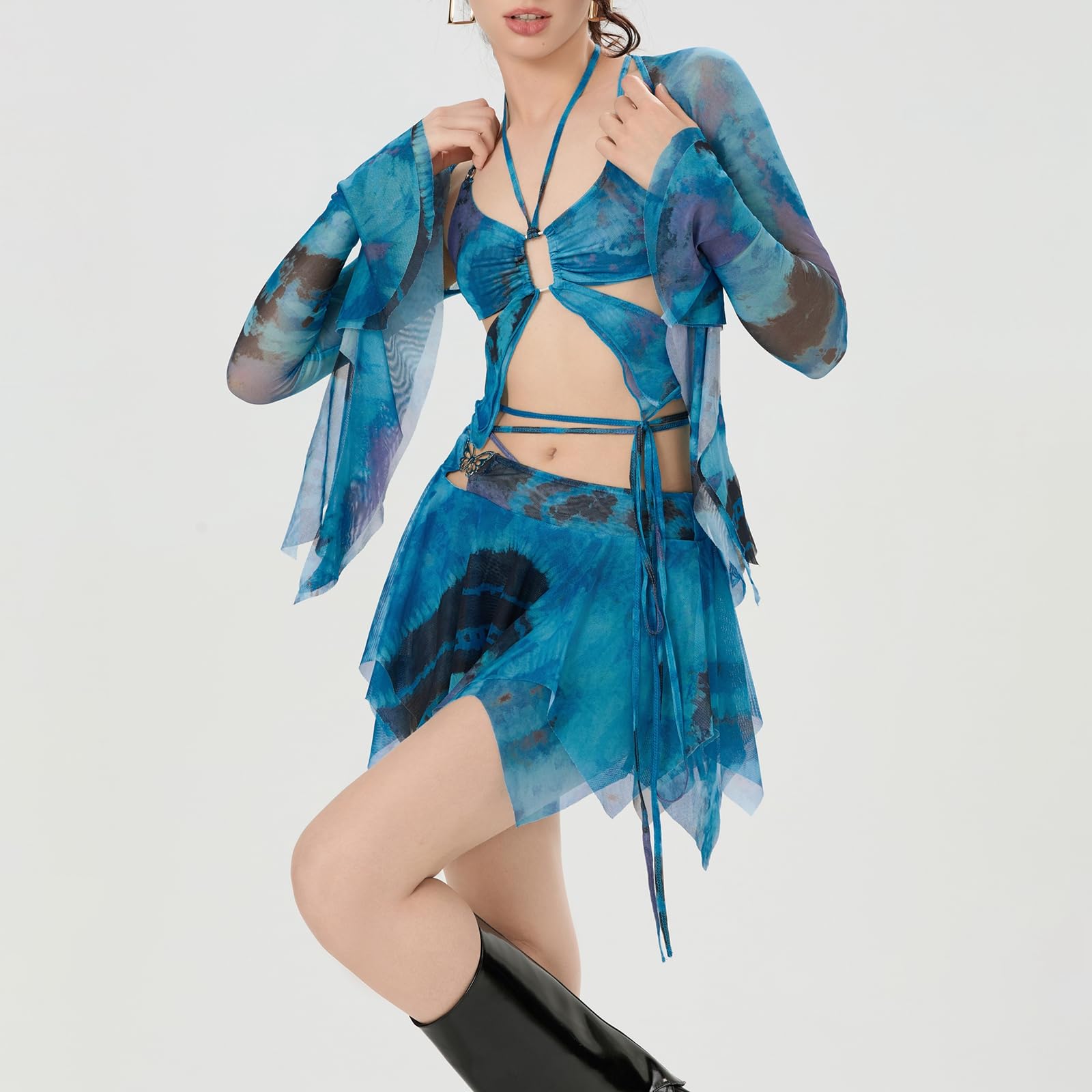 Tenues de festival raves pour femme en maille transparente à manches longues avec haut court dos nu et mini jupes irrégulières assorties ensemble de clubwear