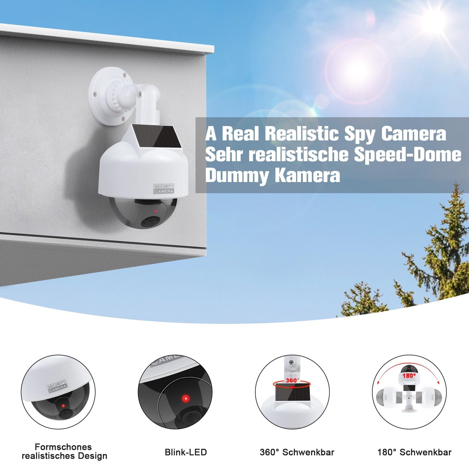 ERWEY Caméra Solaire factice factice avec Objectif - Caméra de Surveillance factice - pour l'intérieur et l'extérieur