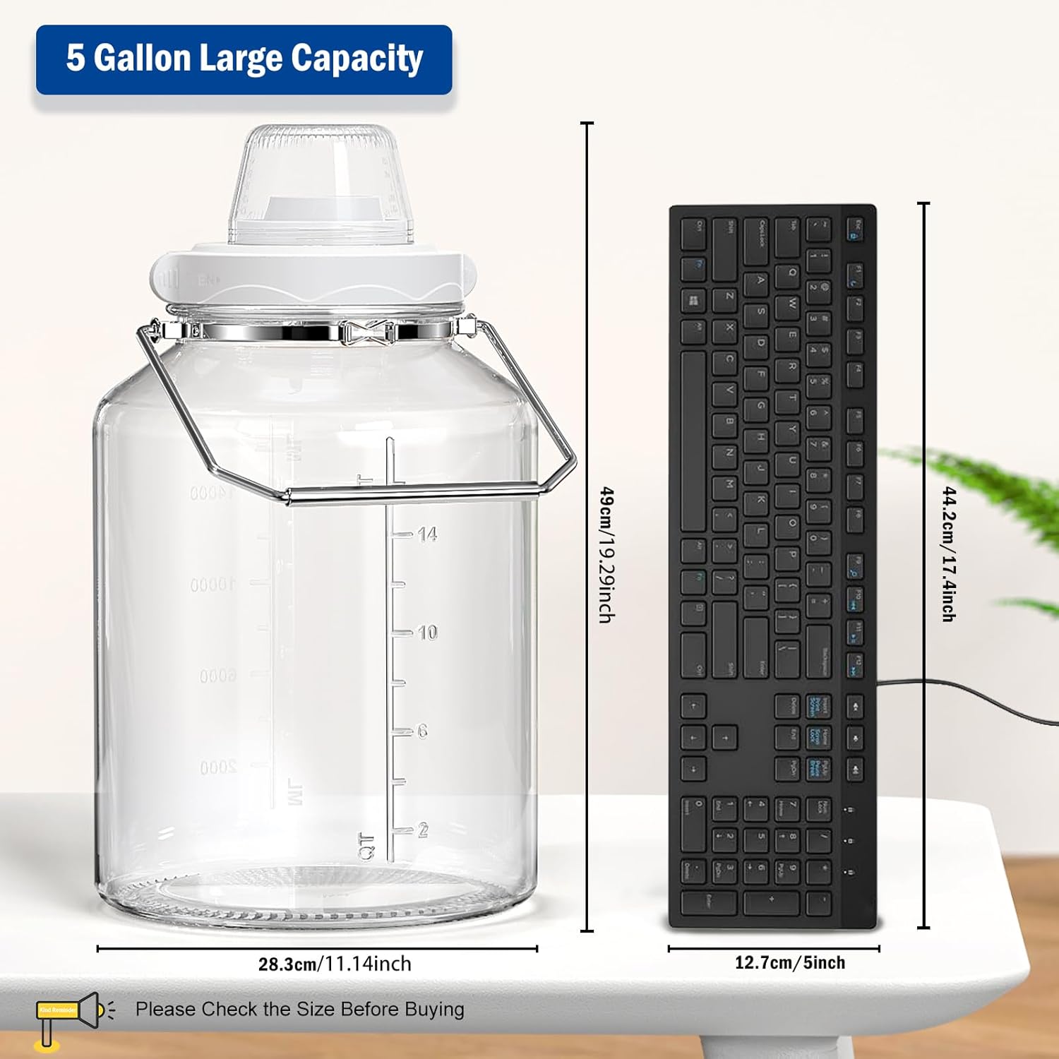 5 Gallon Air Tight Glass Storage Jars, 6.4inch Wide Mouth Canister with Stainless Steel Handle, Large Gallon Glass Jars, Glass Water Jug with Cup for Terrarium, Storage, Dog Treats, Mead Making