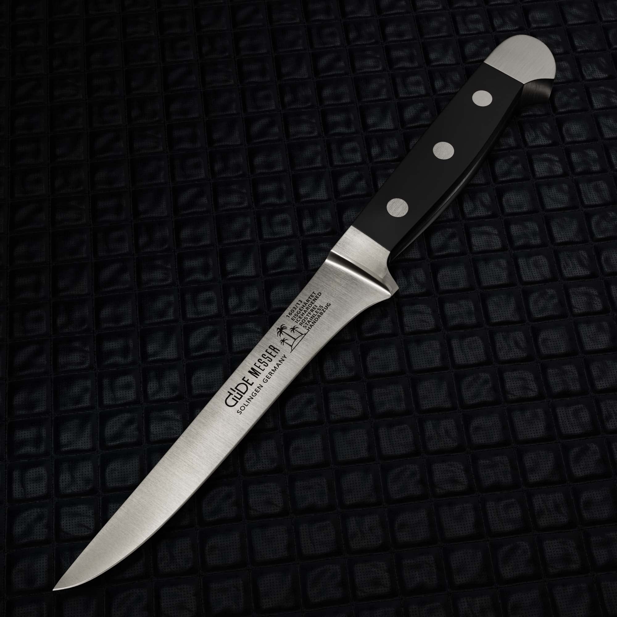 GÜDE Solingen - Nóż do trybowania, kuty, 13 cm, POM Czarny, ALPHA - podwójny trzpień, Ręcznie robiony w Niemczech