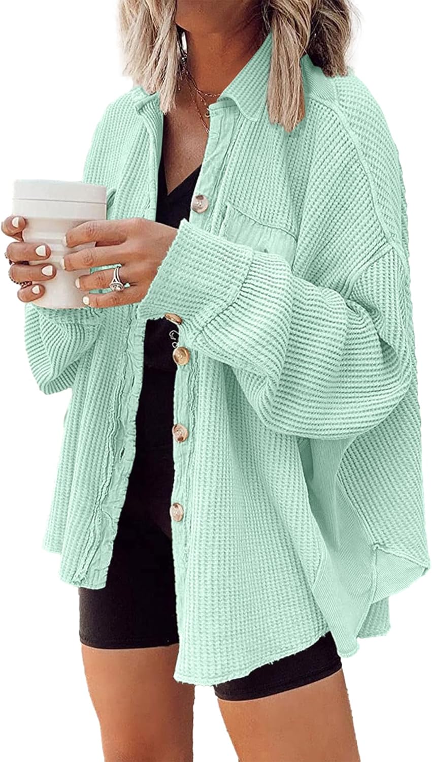 Nirovien Womens Waffle Knit Shacket Oversized Button Down Shirt Jacket Lightweight Spring Outfits Clothes