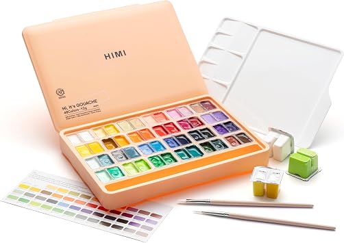 HIMI Twin Cup Jelly Gouache Paint Set with 3 Paint Brushes, 48 Colors 12g, Jelly Cup Design, Non Toxic Paint for Canvas and Paper, Art Supplies for Professionals Peach Fuzz