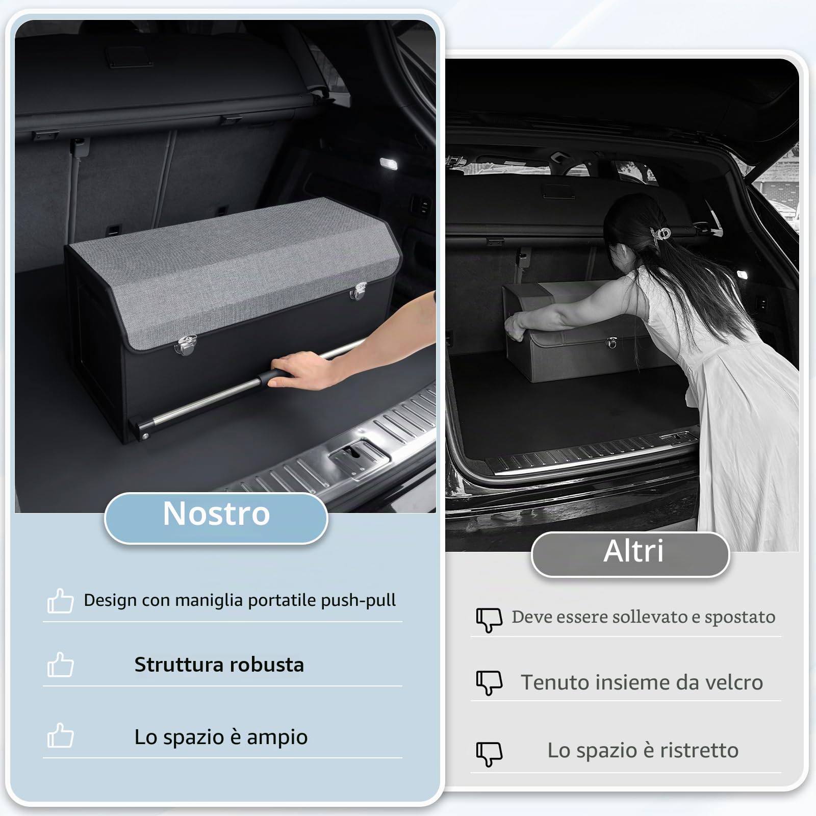 Organizer Bagagliaio Auto, Maniglia Push-pull, Cuoio Pieghevole 2 Scomparti Organizer Auto Bagagliaio, Adatto per Tutti i Tipi di automobile, SUV, Minivan (Grigio)