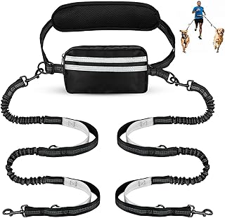 Hands Free Dog Leash with Pouch, Dual Attachment for Two Dogs, Retractable Bungee with Double Padded Handles, Waist-Mounted for Running,Walking, Jogging Friendly Dog Accessories (Black/Silver Gray)