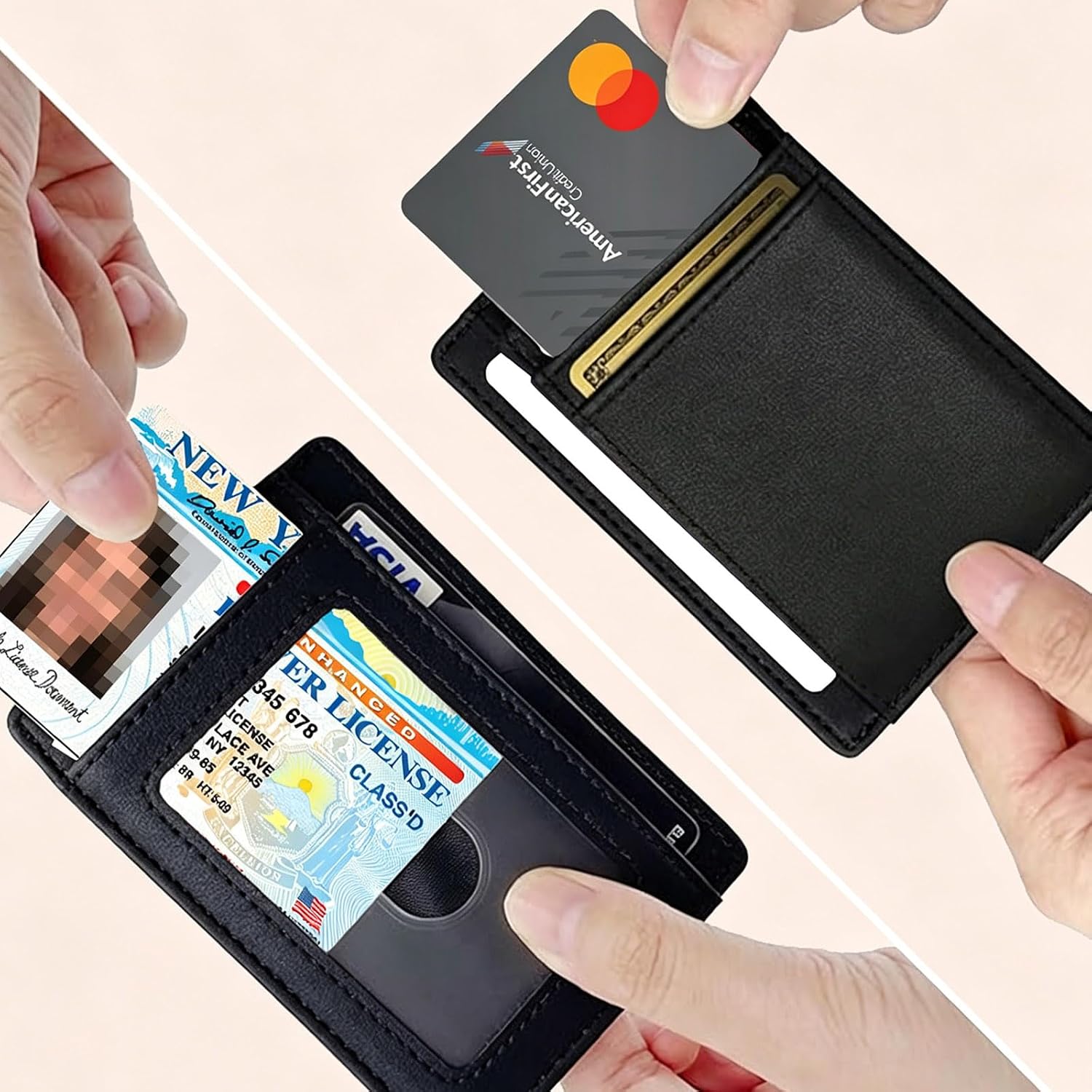 Slim Front Pocket Leather Wallet for Men and Women, RFID Blocking Minimalist Wallet with Clear ID Window, Slim Bussiness Card Holder Gift for Men Women