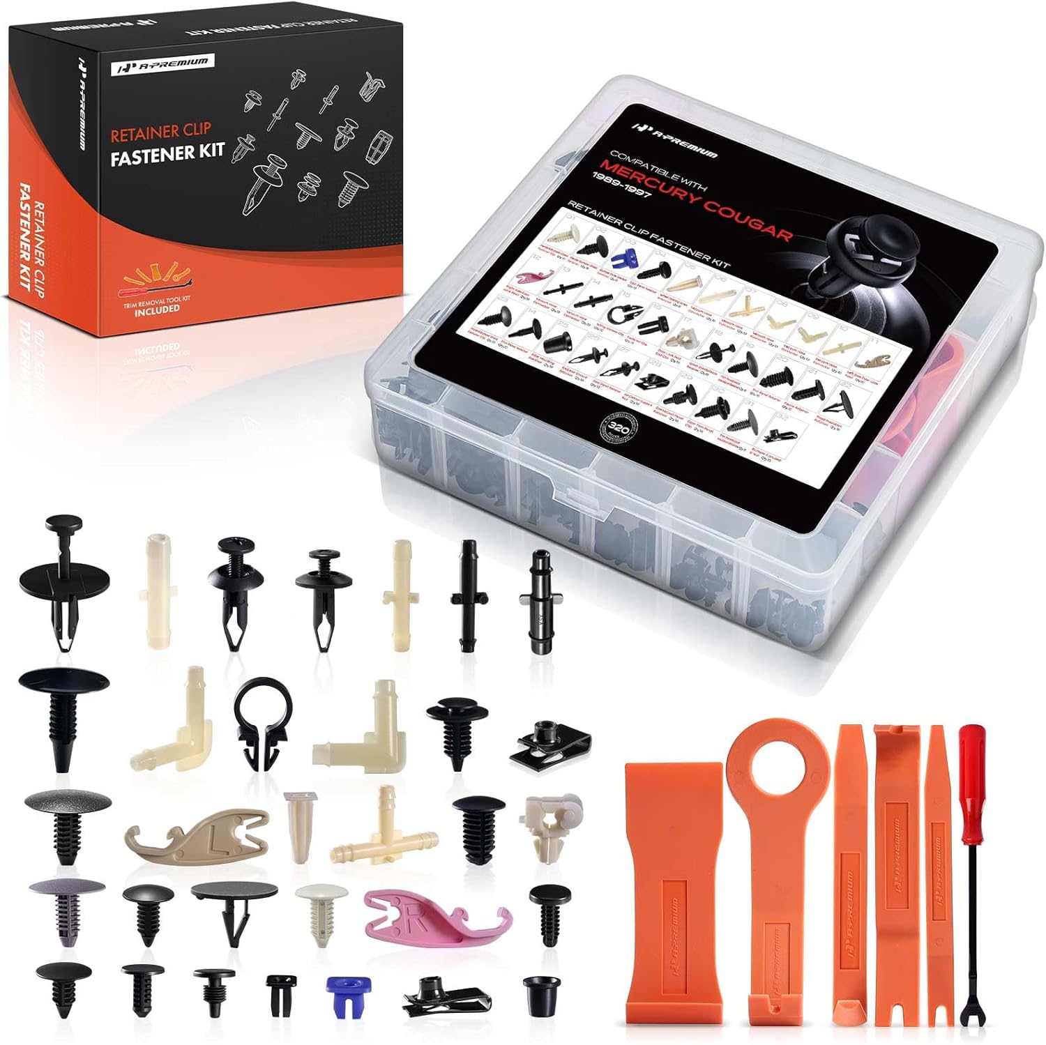 A-Premium 320PCS (51.88 oz/32 Sizes) Bumper Retainer Clips w/Removal Tool Compatible with Mercury Cougar 1989-1997 Nylon Fender Fasteners Assortment Hood Molding Clips Door Trim Push Pin Rivets Set