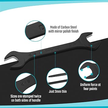 DURATECH 8-Piece Super-Thin, Open-End Spanner Set, 5.5-27 mm, Black Coating