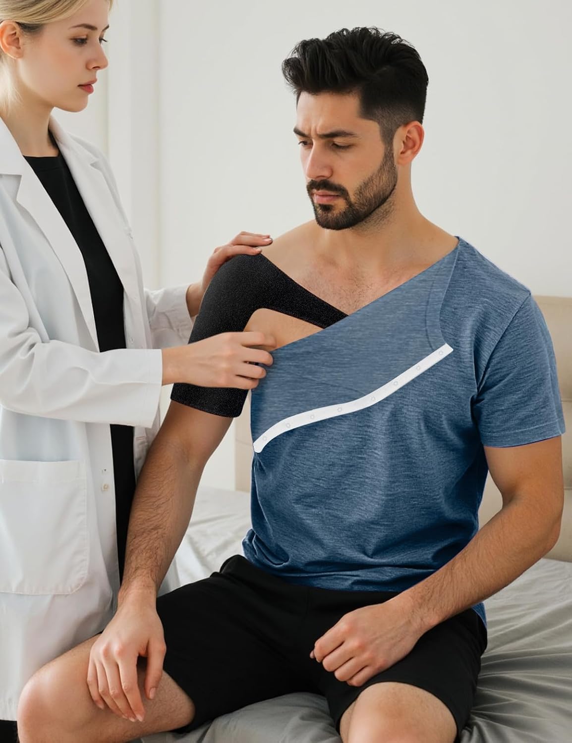Shoulder Recovery Shirts Unisex-Post Shoulder of Short Sleeves with Hidden Snap Buttons on Sides