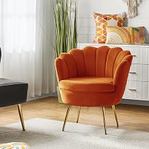 HULALA HOME Modern Velvet Accent Chair with Shell Shaped Back, Cute Living Room Bedroom Armchair Sofa Chair with Gold Legs, Comfy Upholstered Vanity Chair for Makeup Room, Orange