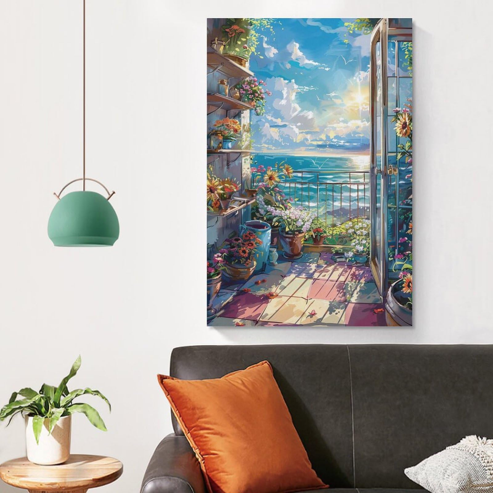 Amazon.co.jp: 絵画 部屋には花があり、ドアの外にはビーチの景色が 