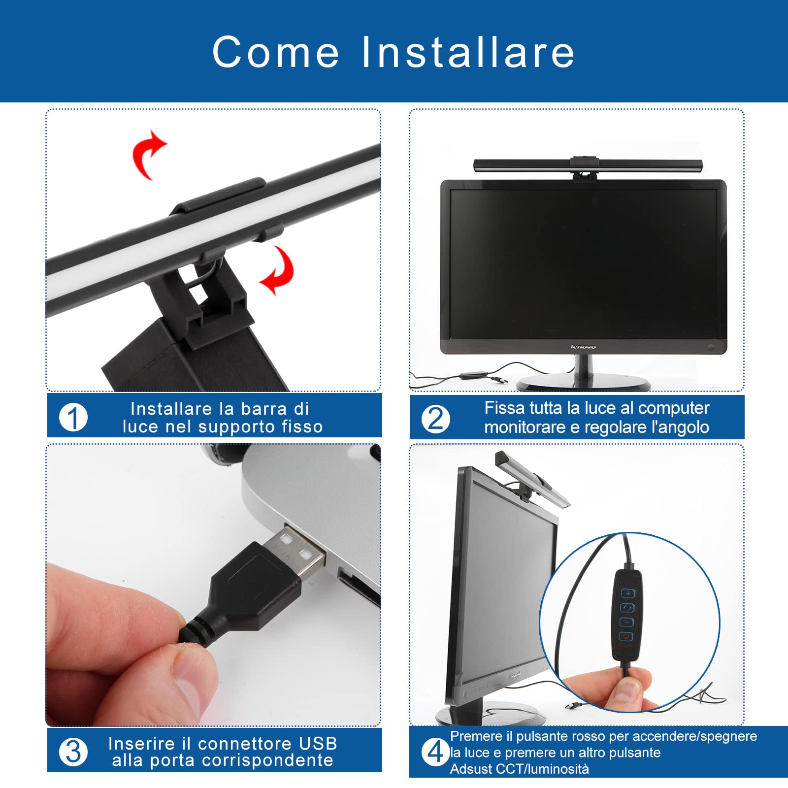 Lampada da Monitor 40cm USB, Luce Scrivania Regolabile per PC Home Office Gaming