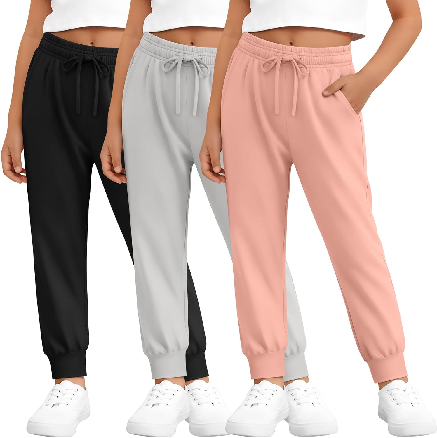 3 Pack Girls Jogger Sweatpants Soft Athletic Sweat Pants for Kids Youth with Pocket Drawstring Years 5-16
