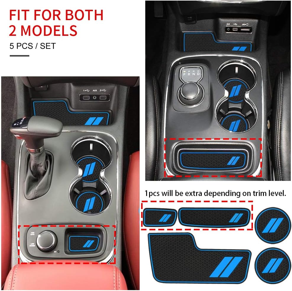 Auovo Center Console Mats for Durango Accessories 2014 2015 2016 2017 2018 2019 2020Auto Car Cup Holder Insert/Coasters Custom Fit Cup Liners Pads Interior Decoration (5pcs/Set, Blue Trim)