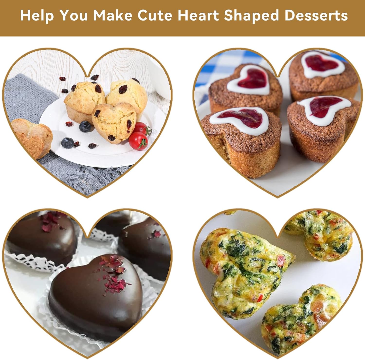 Mini Loaf Pans, Metal Reinforced Frame Silicone Mini Bread Loaf Pans 24 Cavities Nonstick for Baking Cornbread, Small Bread, Small Loaf, Brownie, Cheesecake, Cupcake (2 Pack Heart-shaped)