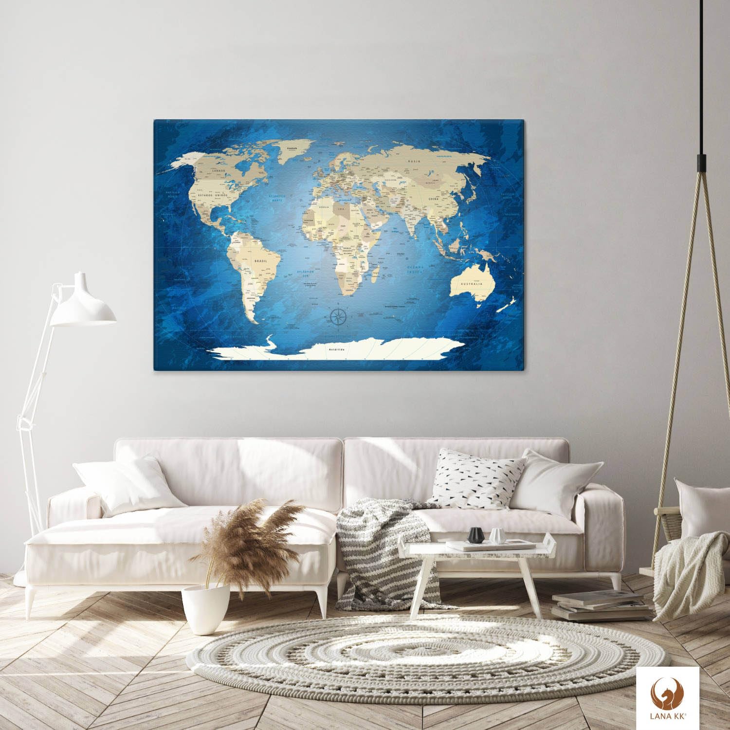 Stilvolle Pinnwand Weltkarte - Blue Ocean - Deutsch in 120 x 80 cm, stabile Rückwand zum Pinnen inkl. Starterkit - Leinwand-Kunstdruck Wandbild Landkarte XXL