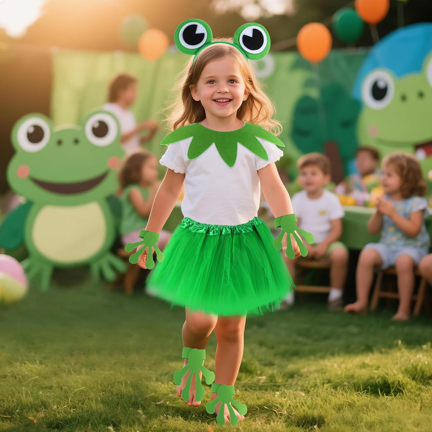 Kyson 7 Pcs Girls Frog Costume Accessories Set Green Froggy Headband Feet Covers Collar Tutu Skirt for Halloween Animal Party