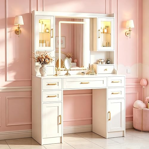 Makeup Vanity Desk with LED Light Mirror, Dimmable 3 Lighting Modes, Built-in Power Outlet, Large Storage with 6 Drawers & 4 Cabinets, Modern Dressing Desk Table for Bedroom 043 White