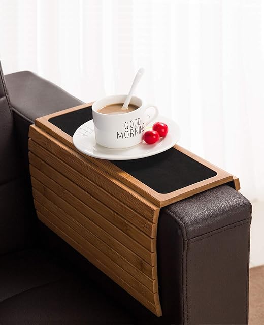 Bamboo Wood Sofa Arm Tray Table Flexible/Foldable Sofa Tray. Couch arm Table. Perfect for Drinks, Snacks, Remote Control or Phone. Great arm Tray for Couch armrest.