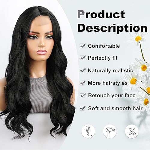 Miniatura 4 de HANYUDIE Peluca larga ondulada con raya en medio, pelucas sintéticas para mujer, peluca de repuesto para uso diario en fiestas (negro)