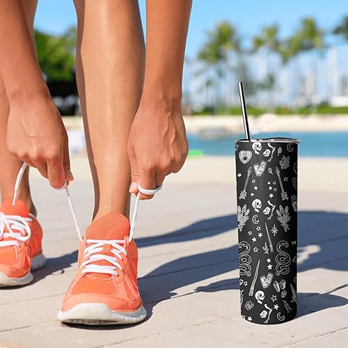 Miniatura 2 de Vaso delgado gótico de 20 onzas con tapa y pajita, estampado de calavera de doble pared, aislamiento de acero inoxidable, tazas de café calientes o