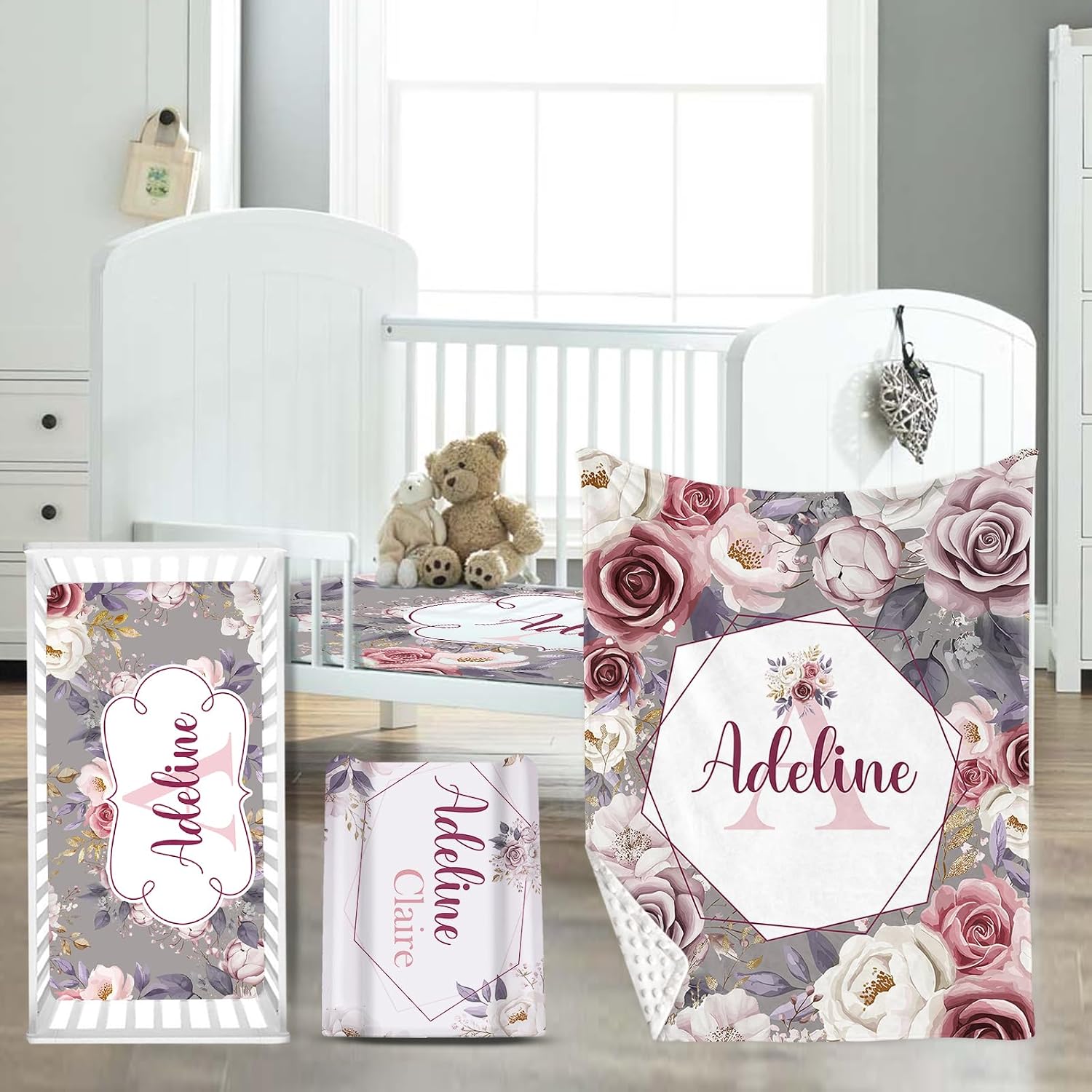 Custom Name Crib Bedding Set for Infant Baby, Personalized Nursery Decor Baby Blanket Fitted Crib Sheet Changing Pad Cover 3 Pcs, Beautiful Flowers Theme for Baby Girls