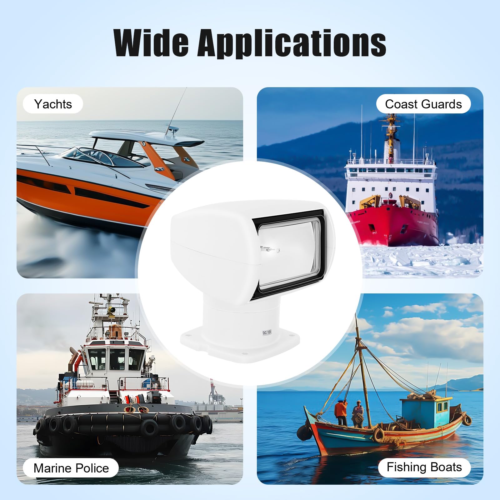 Boat Spotlight DC 12V 100W Remote Control Spotlight 2500LM 3200K Halogen Search Light 72°Up/Down + 360°Left/Right Rotation Marine Spotlight Go Light for Truck Yachts, Fishing Boats (White)