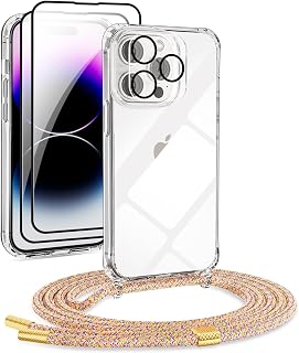 DiDaDi 5 in 1 Set 1*Handykette für iPhone 15 Pro Max Hülle mit Band + 1*Transparent Schutzhülle+2*Schutzfolie+1*kameraschutz Glas, Abnehmbar Necklace Handyhülle zum Umhängen Kordel Case (Rainbow)