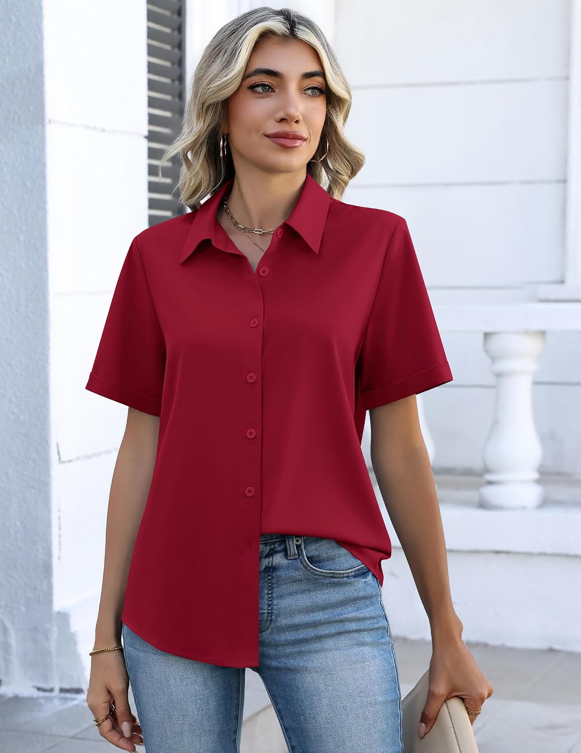  Button Down Shirts for Women Short Sleeve Tops Dressy Casual Blouses | Cute Summer Tops for Women, Spring Clothes, Button Up Collared Shirts, Business Casual Blouses, 2026 Office Work Clothing thumbnail