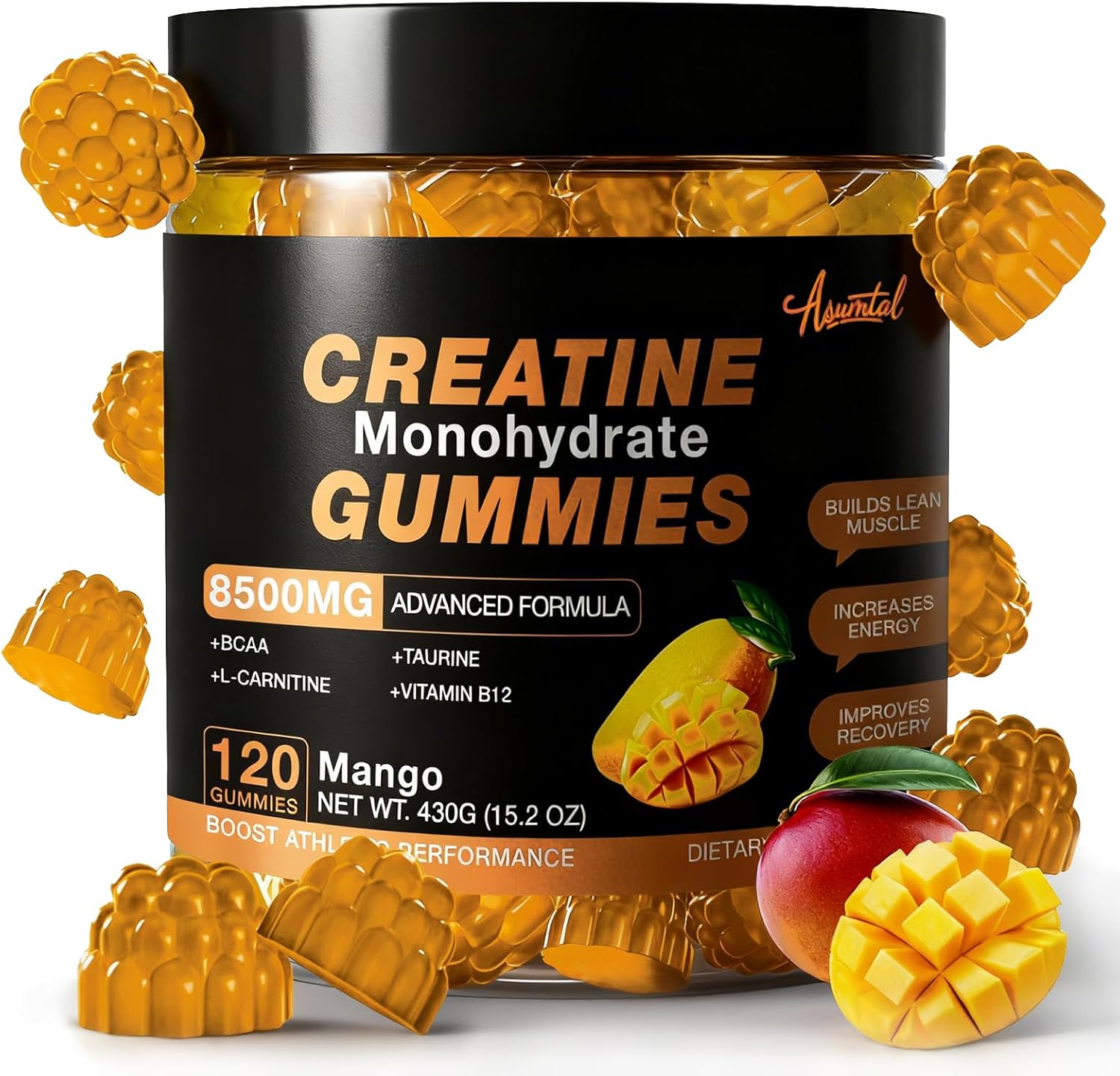Creatine Monohydrate Gummies 8500 MG for Men and Women, Creatine Monohydrate Supplement for Muscle Growth, Strength & Energy Support, Pre Workout Gummies 120 Count Mango Flavor