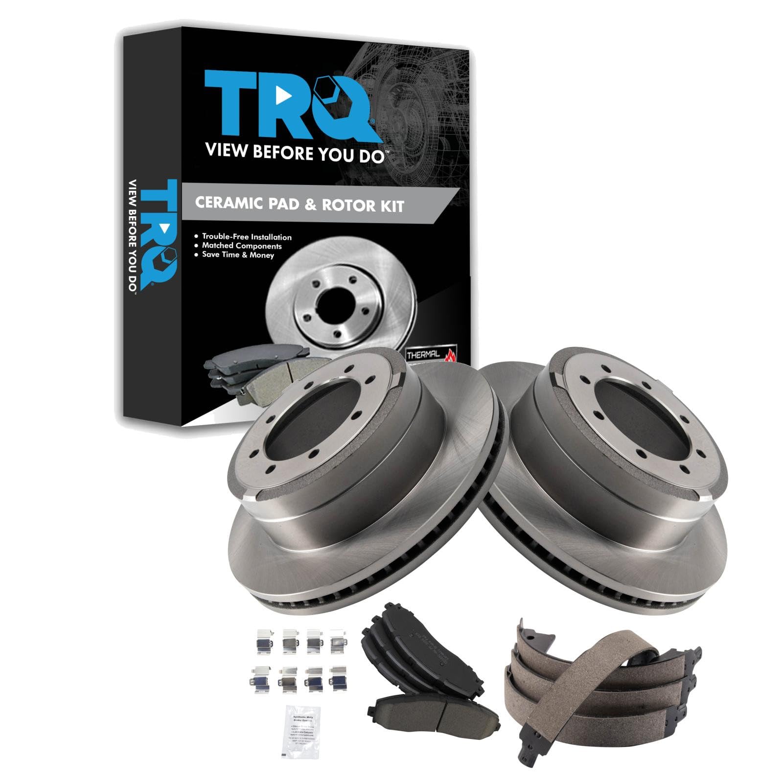 TRQ Rear Brake Pad &amp; Rotor Kit Parking Brake Shoe Set Ceramic Compatible with 2013-2019 Ford F-350 Super Duty 2013-2014 F-450 Super Duty