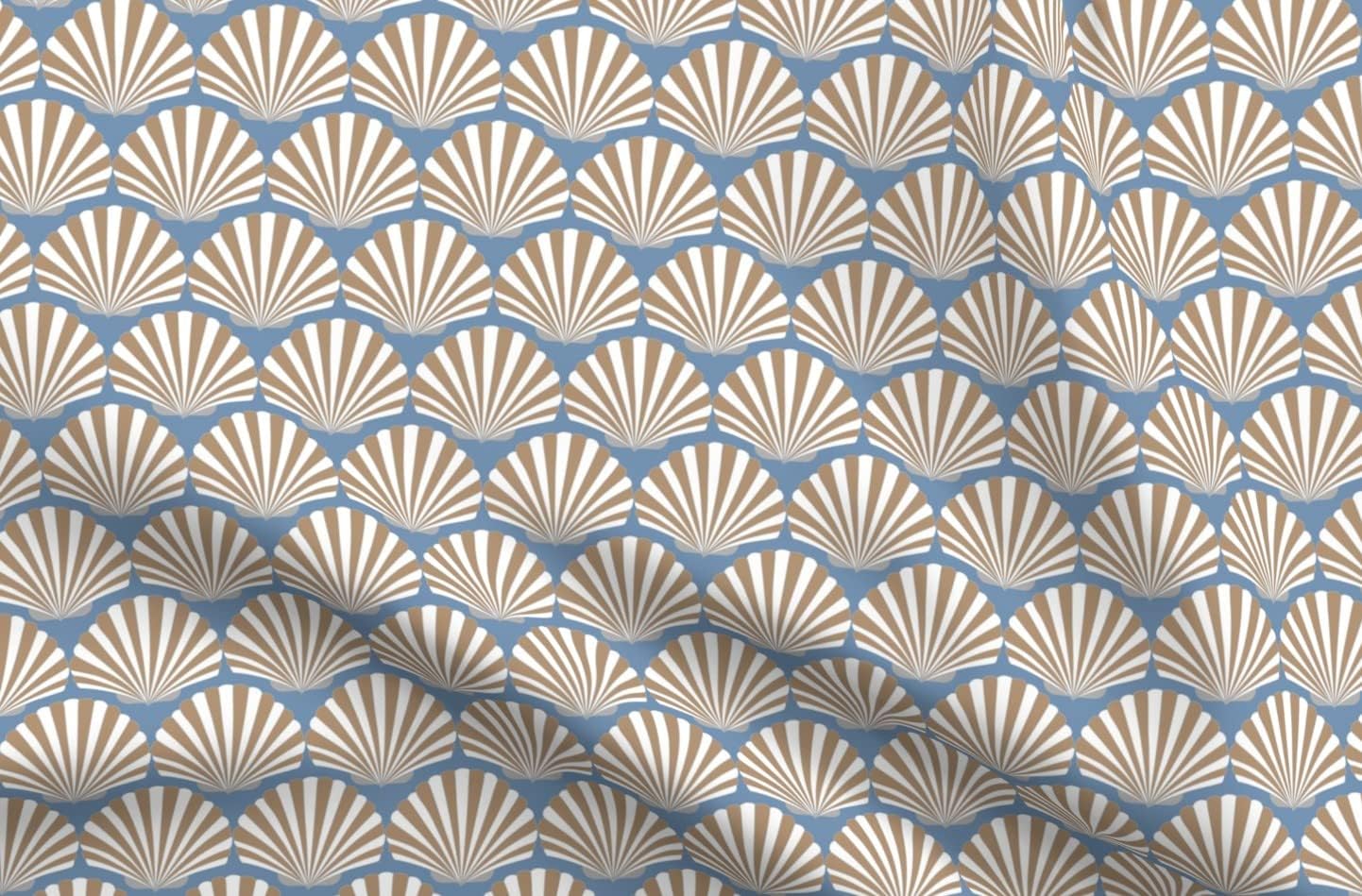 Spoonflower Fabric - Shells Blue Preppy Art Deco Sand White Coastal Beach Nautical Printed on Petal Signature Cotton Fabric Fat Quarter - Sewing Quilting Apparel Crafts Decor