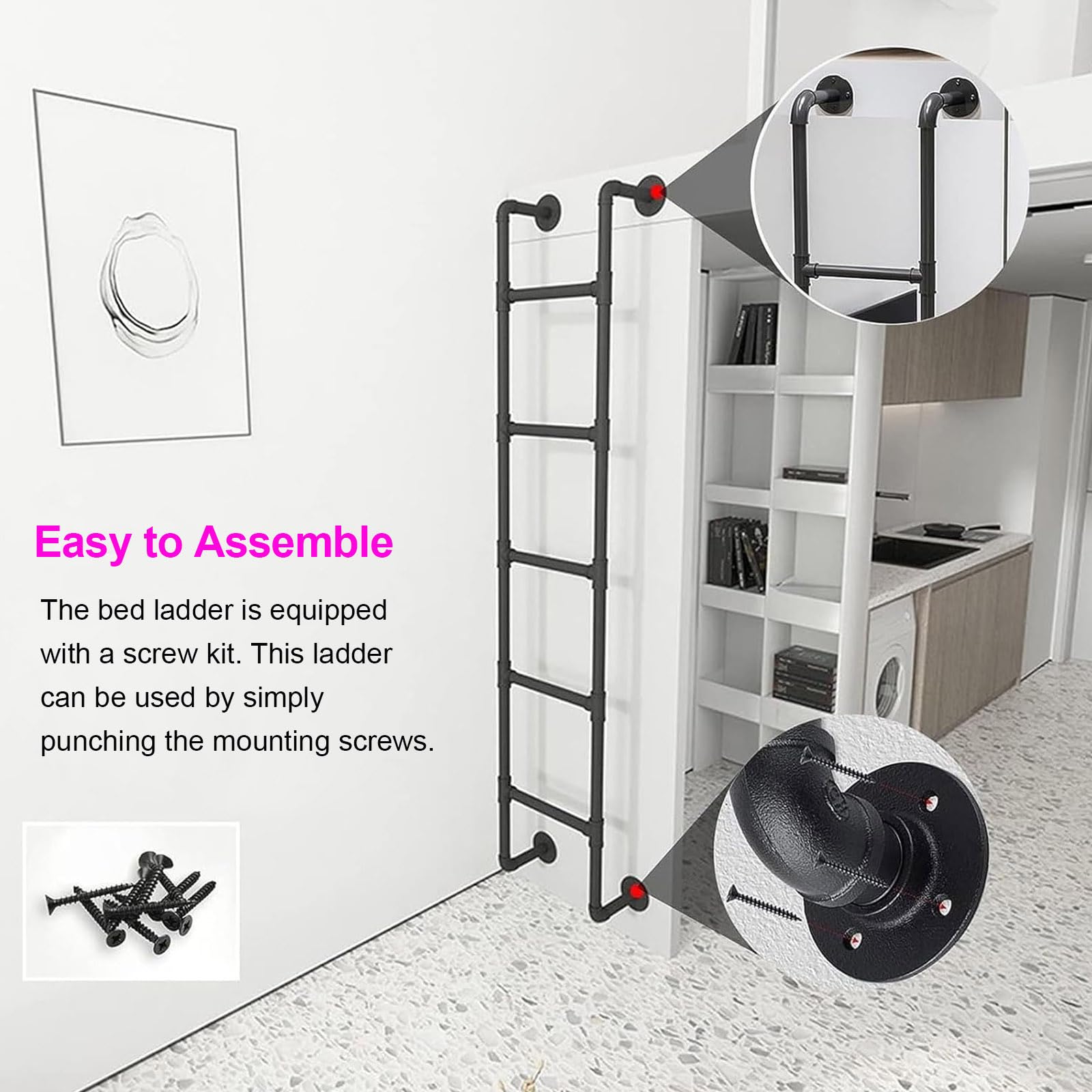 Escalera de Pared Robusta de Hierro Forjado Negro para casa, ático, Medidas de protección contra Incendios de Emergencia, Techo Exterior/Garaje, buhardilla, como Accesorio para literas