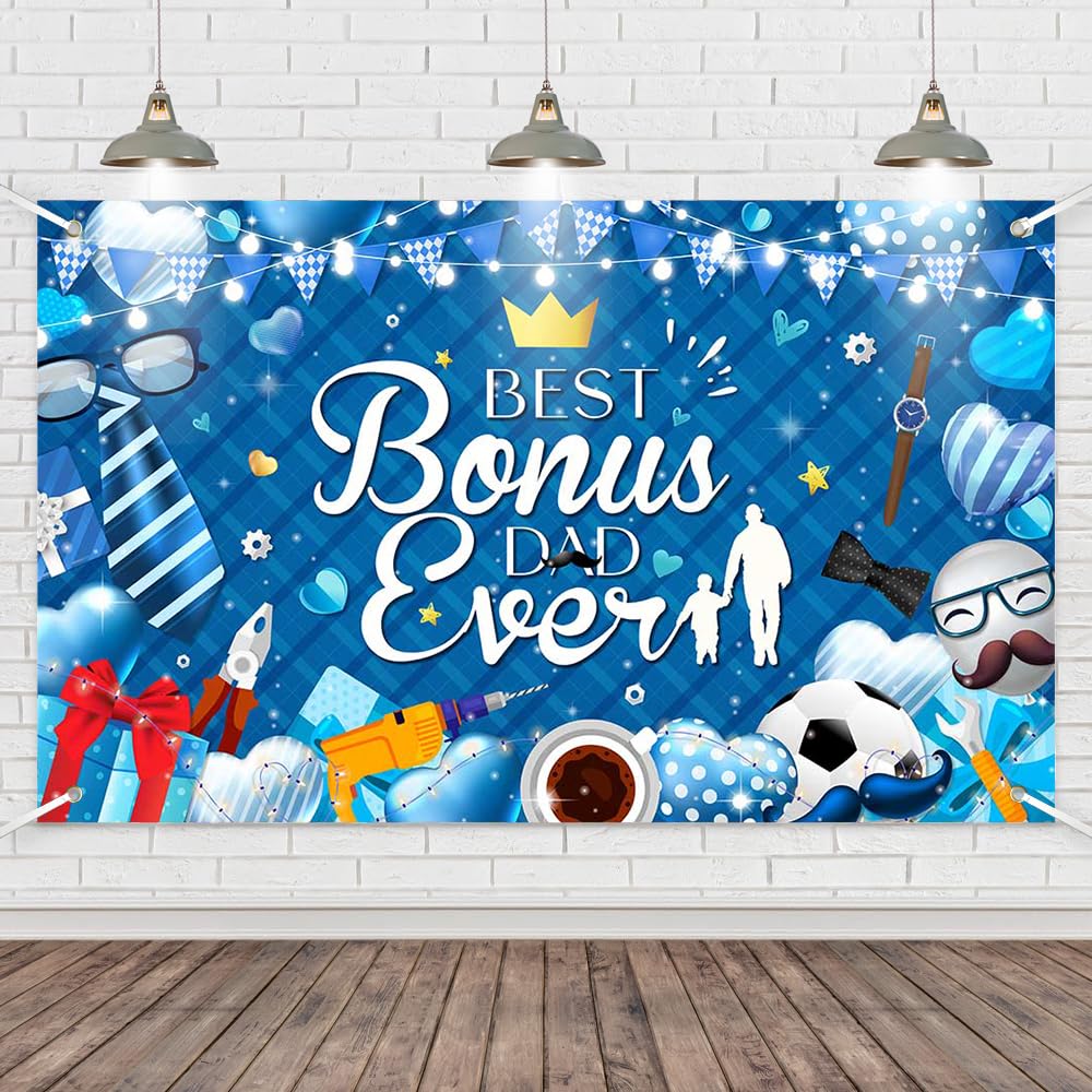 Wollmix Happy Bonus Dad Father's Day Decorations Backdrop Banners Gifts from Daughter for Men Best Bonus Dad Ever Party Supplies Family Photo Booth