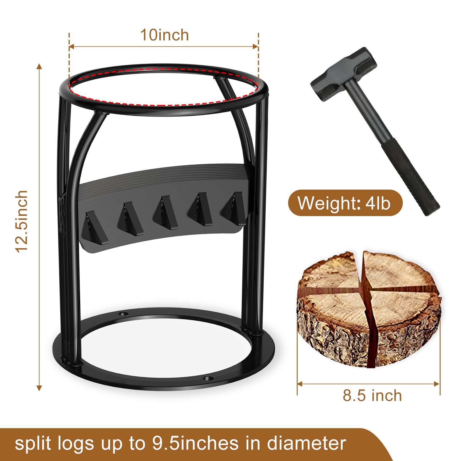 Mofeez Log Splitter Kindling Firewood Cracker with Hammer, Sharpen Alloy Steel Opening, Iron Made Solid Base, 10inch Inner Dia. 9lb Heavy Weight, Portable Size (XL)