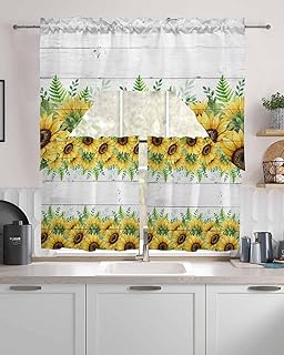 Tier and Swag Window Curtain Set, Rustic Watercolor Sunflower Leaf Kitchen Valance Tier Curtains 3 Pieces Set, Pastoral Floral on Wood Grain Rod Pocket Valances Window Treatment for Living Room