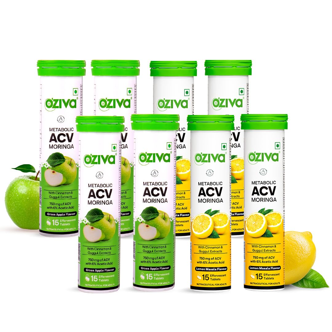 OZiva ACV Moringa|Control Cravings I Apple Cider Vinegar,Cinnamon,Guggul I No Maltodextrin & No Added Sugar I 15 Effervescent Tablets-Lemon Masala & Green Apple, Pack of 8 (120 Tablets)