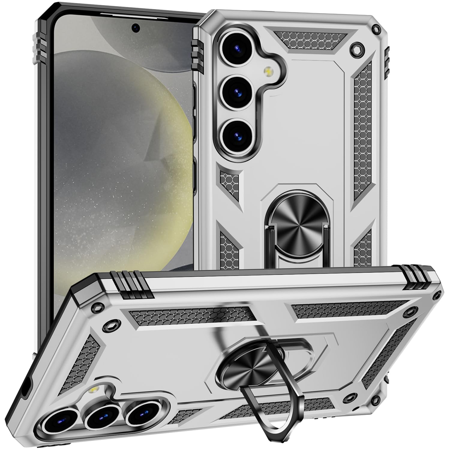 Dionsibei Military Grade Drop Impact for Samsung Galaxy S25 Case 360 Metal Rotating Ring Kickstand Holder Armor Heavy Duty Shockproof Case for Galaxy S25 5G Phone Case (Silver)