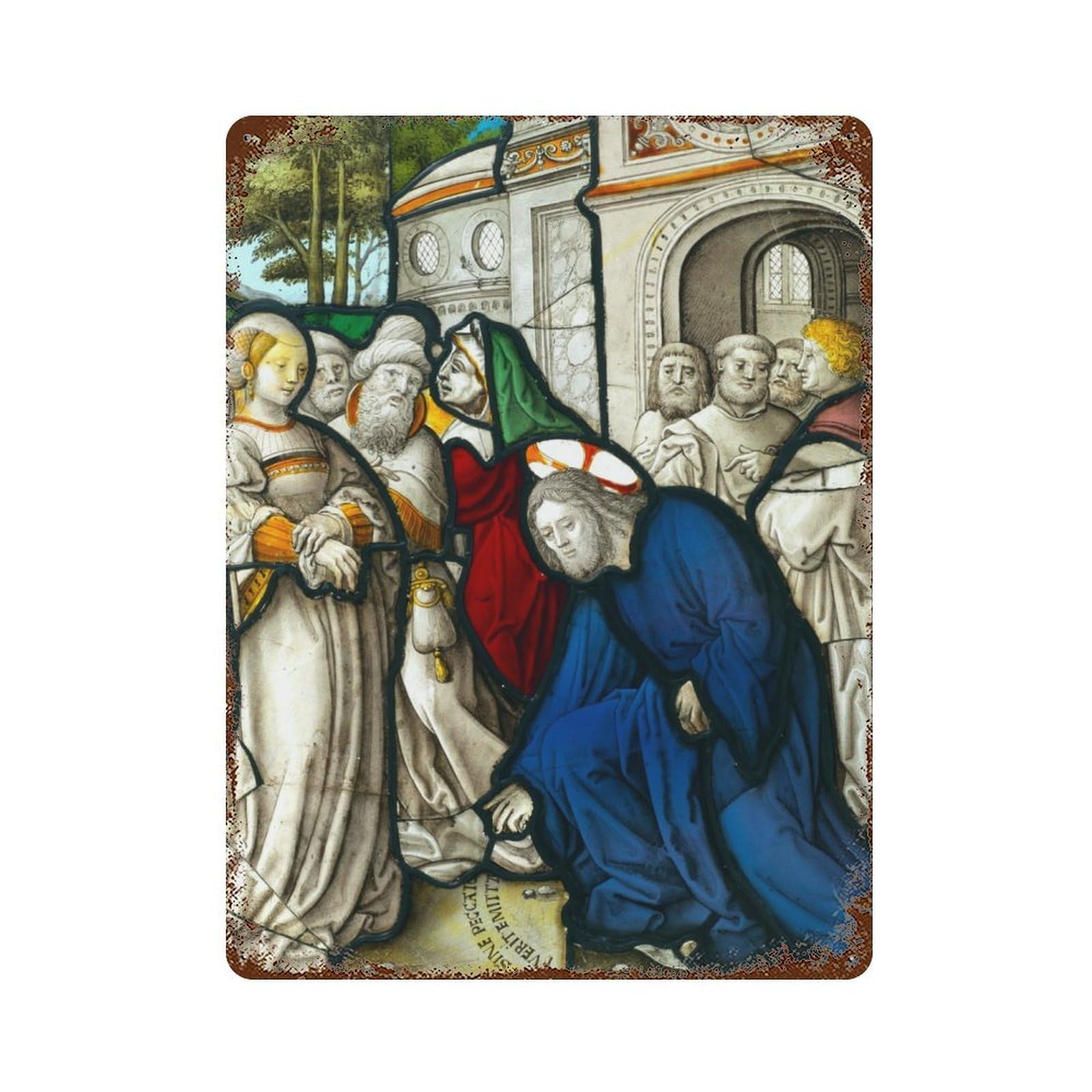 Distressed Metal Wall Sign Christ And The Woman 15.7"x11.8", Vintage Wall Decor for Garage, Bar And Workshop Decor