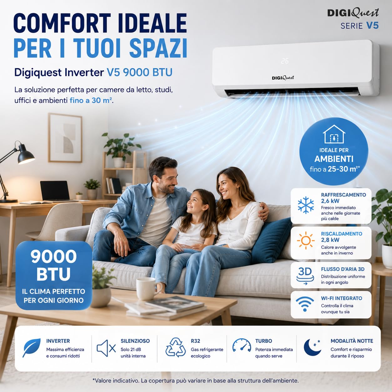 Digiquest Climatiseur inverter V5 9000BTU, Wifi intégré, R32, classe d'efficacité énergétique A+++ refroidissement//A+++ chauffage, I Feel, flux d'air 3D, turbo, nuit, SEER 6,1, SCOP 5,1, CLIMA00062