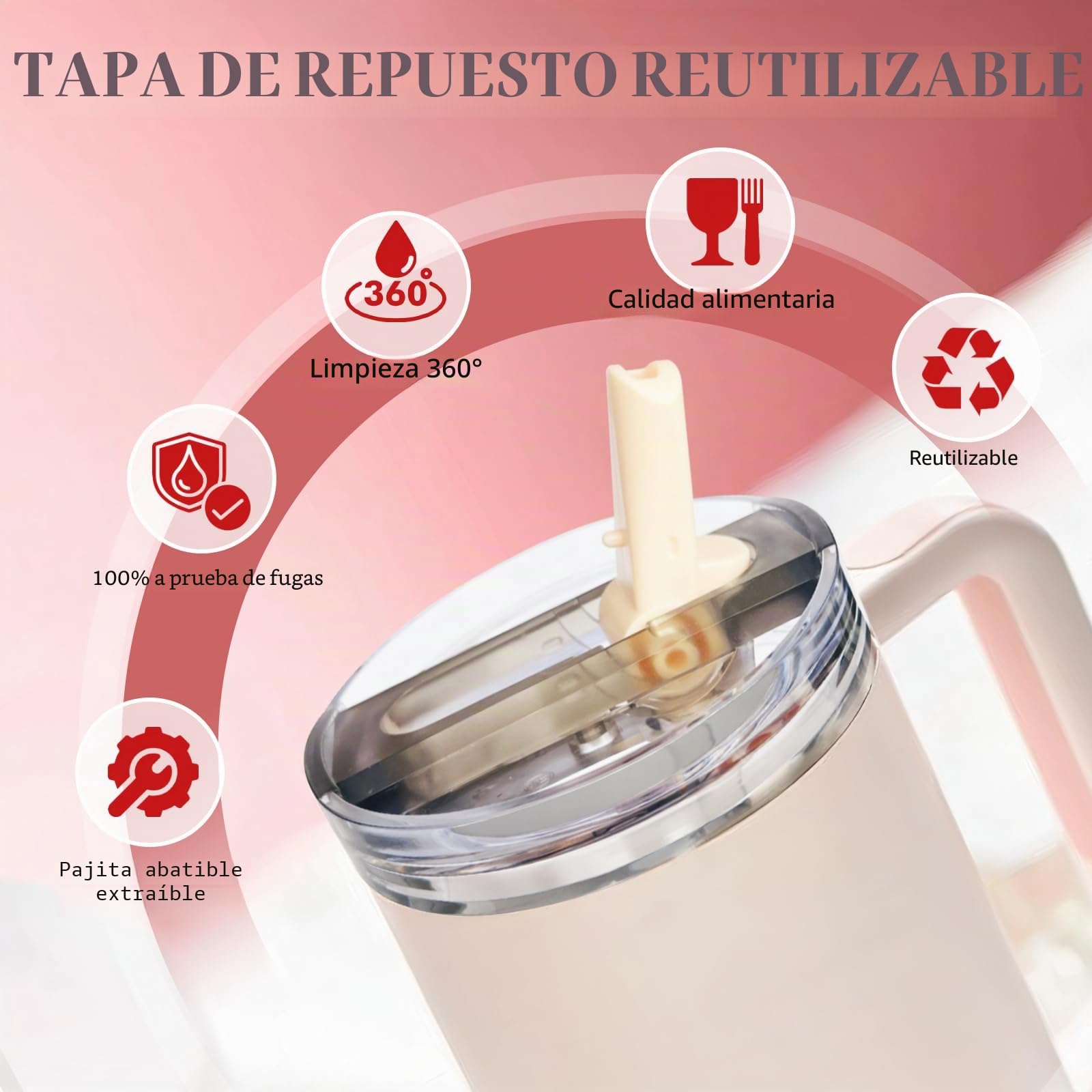 DealKits 2 unidades compatibles con la tapa Stanley Cup a prueba de fugas, tapa de repuesto para taza de 40 oz, con 2 pajitas y 1 pajita, sin BPA, apto para lavavajillas, reutilizable (blanco + rosa)