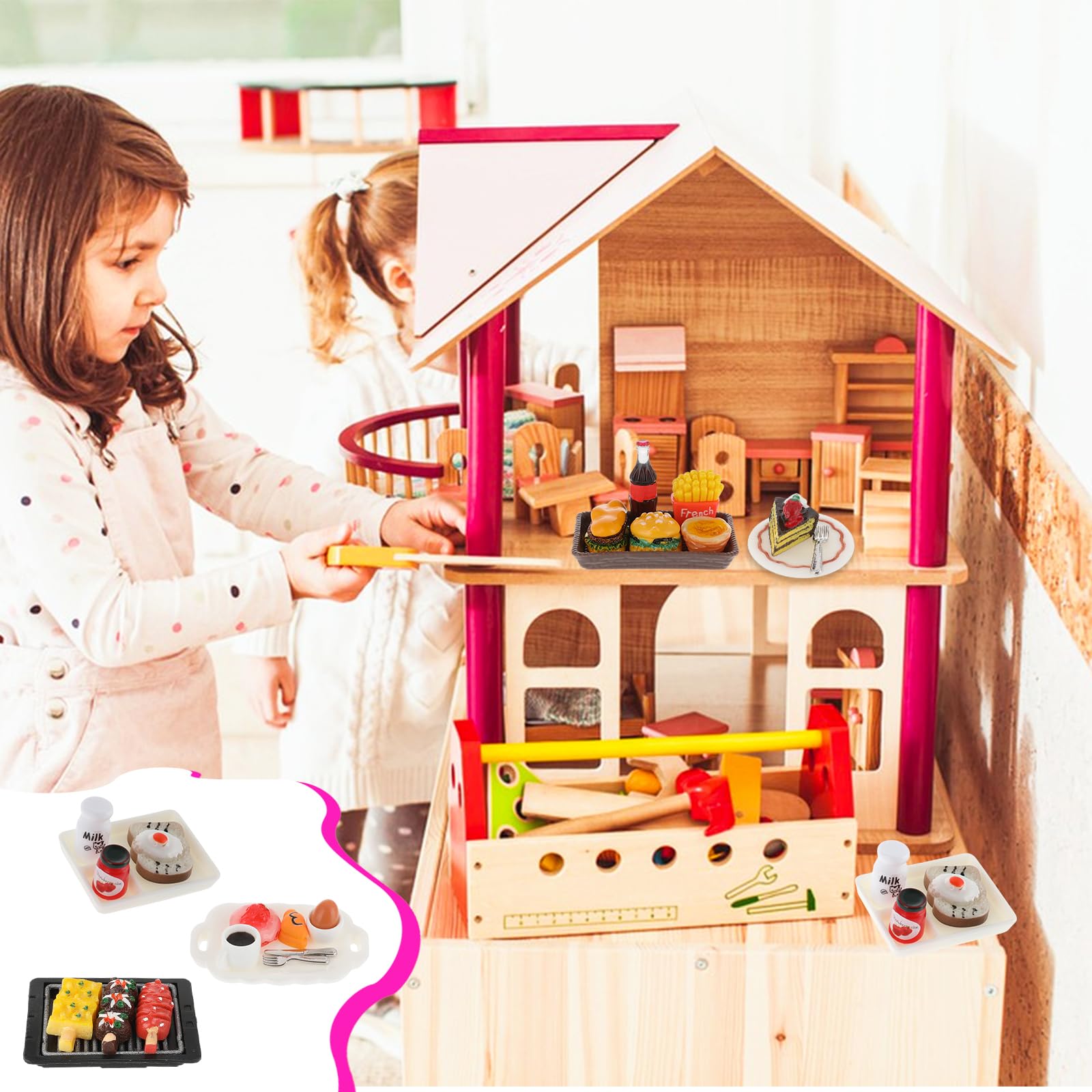 Cobee Miniaturowe jedzenie i napoje, 50-częściowy zestaw 1:12 do domku dla lalek, miniaturowe akcesoria do domku dla lalek, miniaturowe jedzenie do domku dla lalek, akcesoria do lalek, zabawkowe