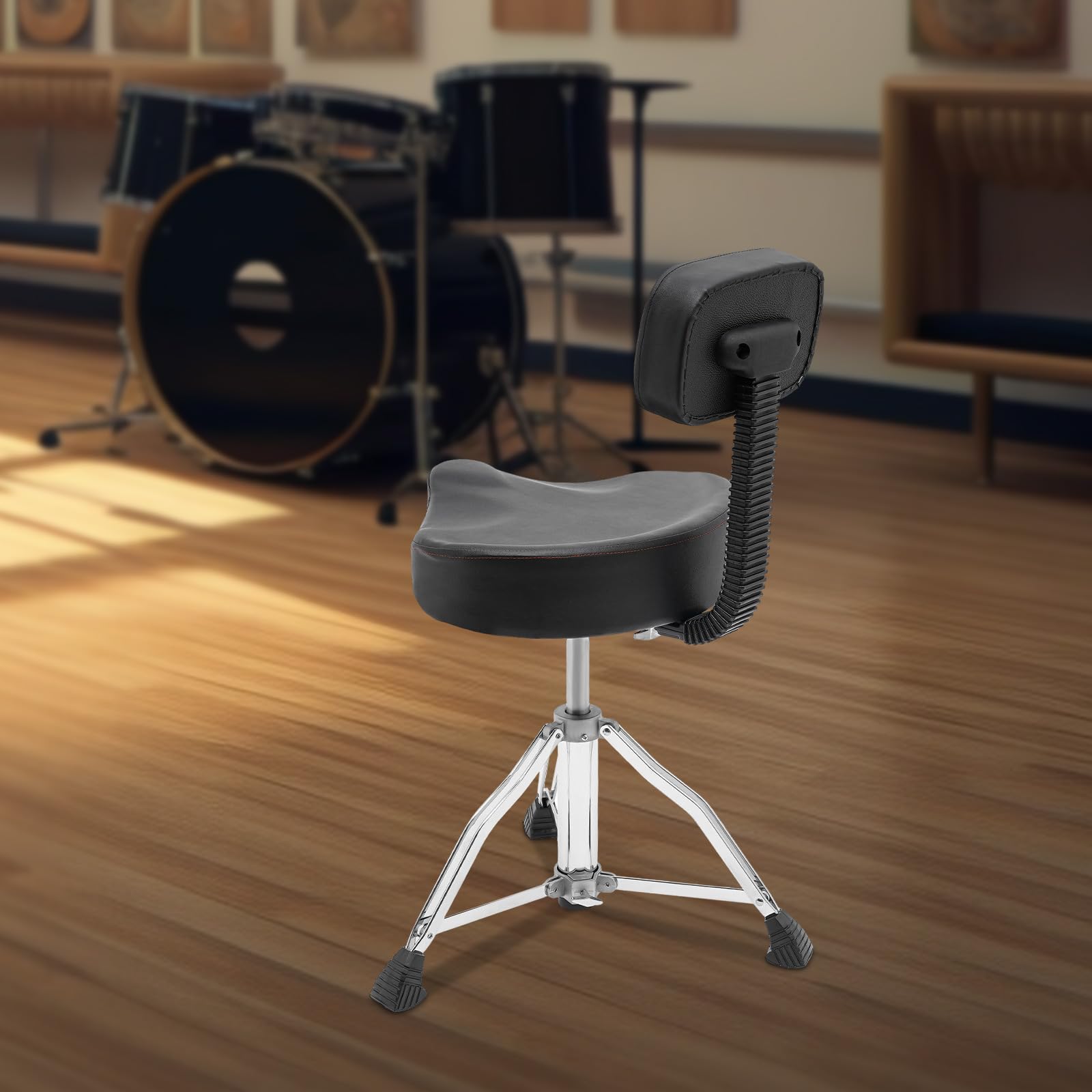 Taburete de tambor con respaldo, asiento acolchado para silla de tambor, altura regulable 45-60 cm, taburete giratorio 360°, para bateristas