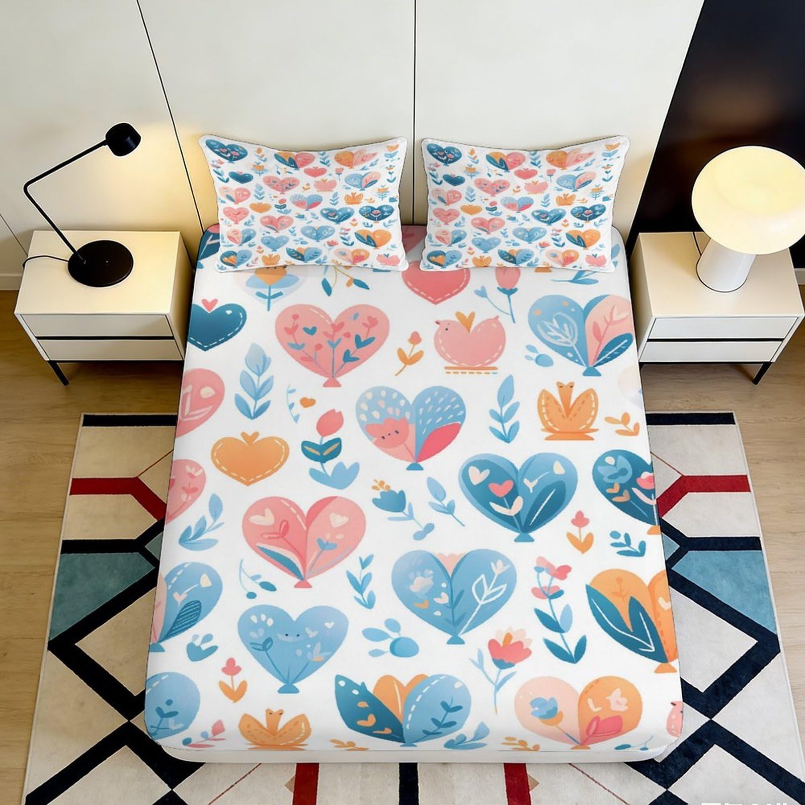 3D Printed Heart Floral Pattern Fitted Sheet Microfiber Soft Non Slip Bed Sheet for Bedroom Guest Room Dorm Decor 116 140x200x25cm
