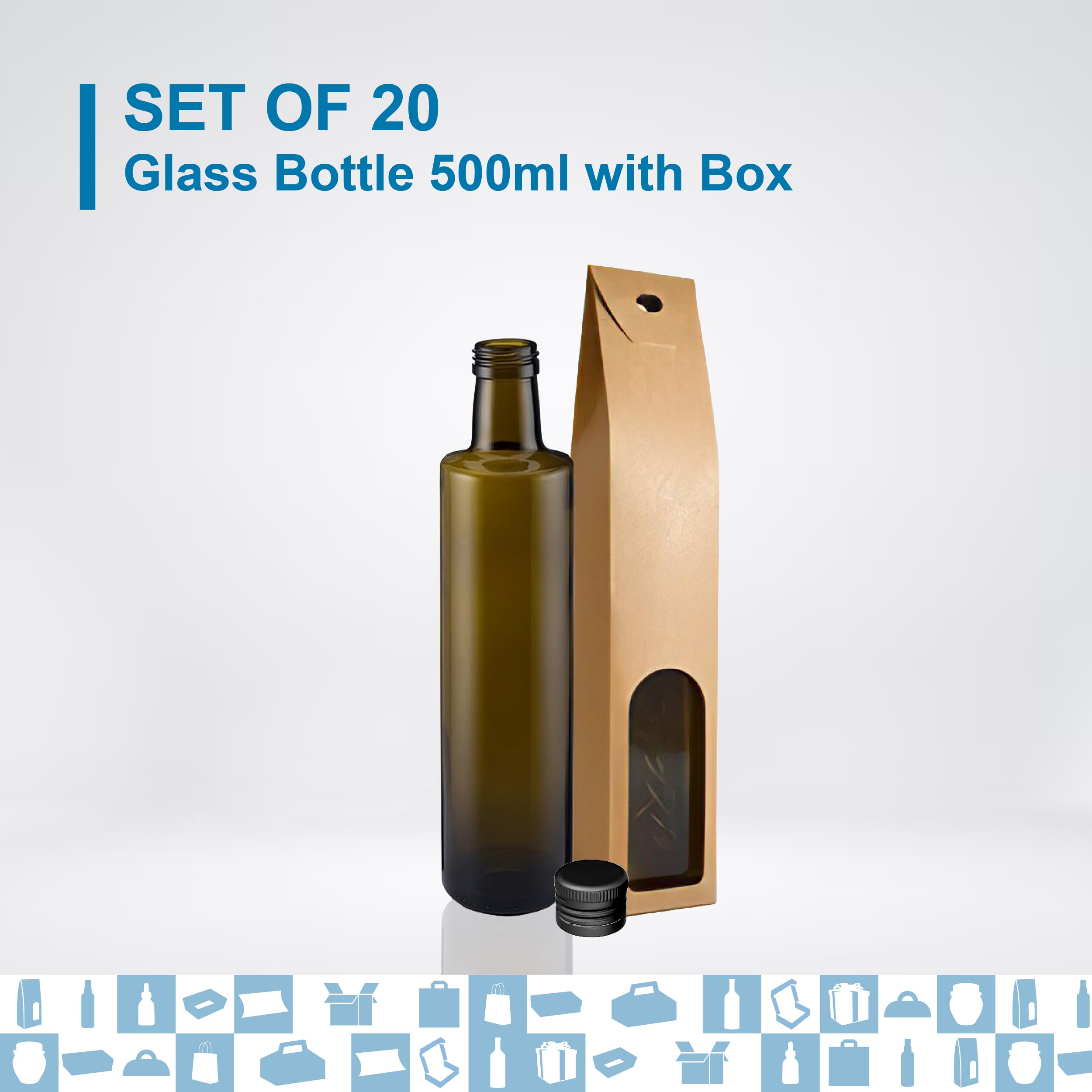 Espirito Rebelde 20 bottiglie in vetro scuro da 500 ml con tappo a vite nero + 20 scatole, olio di oliva, aceto, alcool, salse, oliera