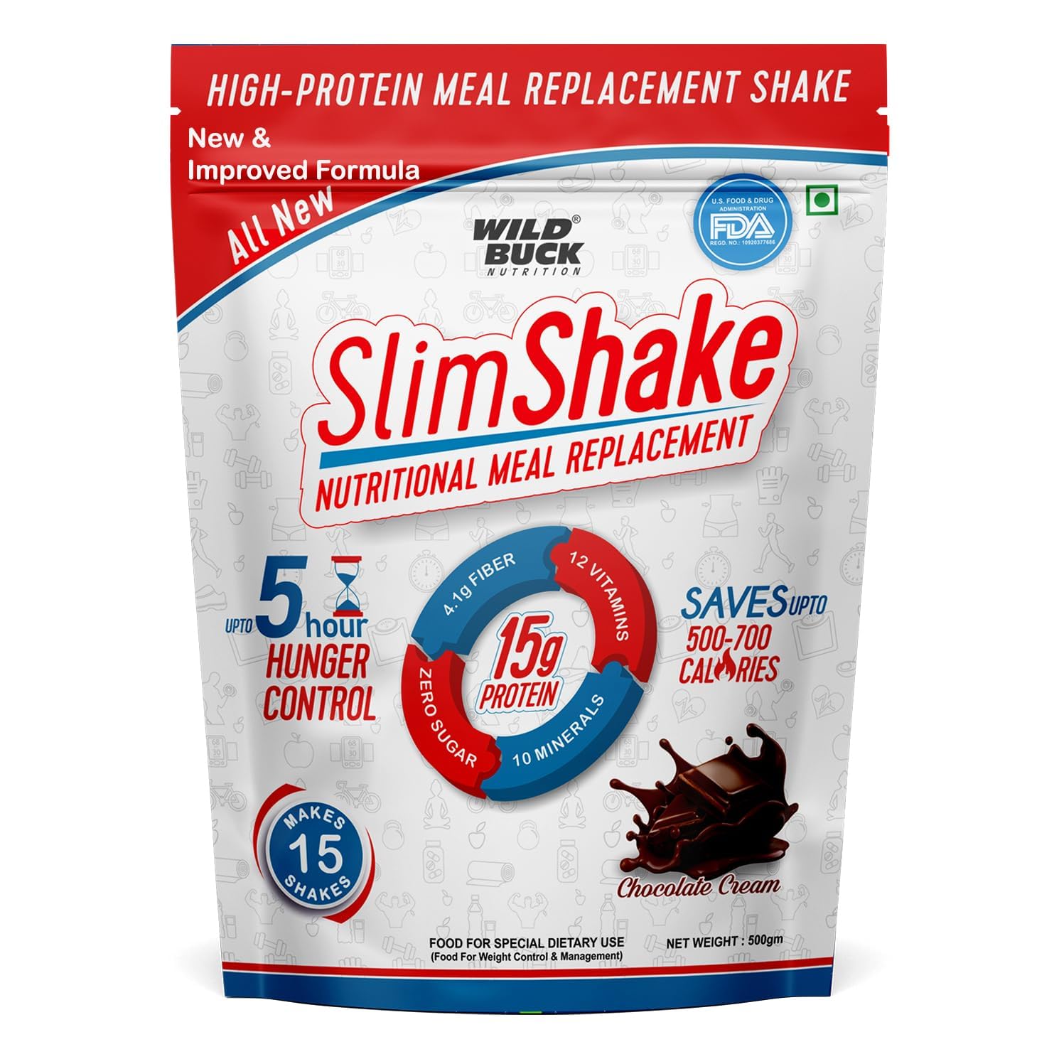 Wild Buck SlimShake High Protein Meal Replacement Shake Powder for Weight Management – 15g Protein, 4.1g Fiber, 0g Added Sugar, Low Carb, Low Fat, Hunger Control up to 5 Hours – 12 Vitamins & 10 Minerals, Garcinia Cambogia, Green Tea & Green Coffee Extract – Chocolate Cream Flavor – 500g for Men & Women-image-38