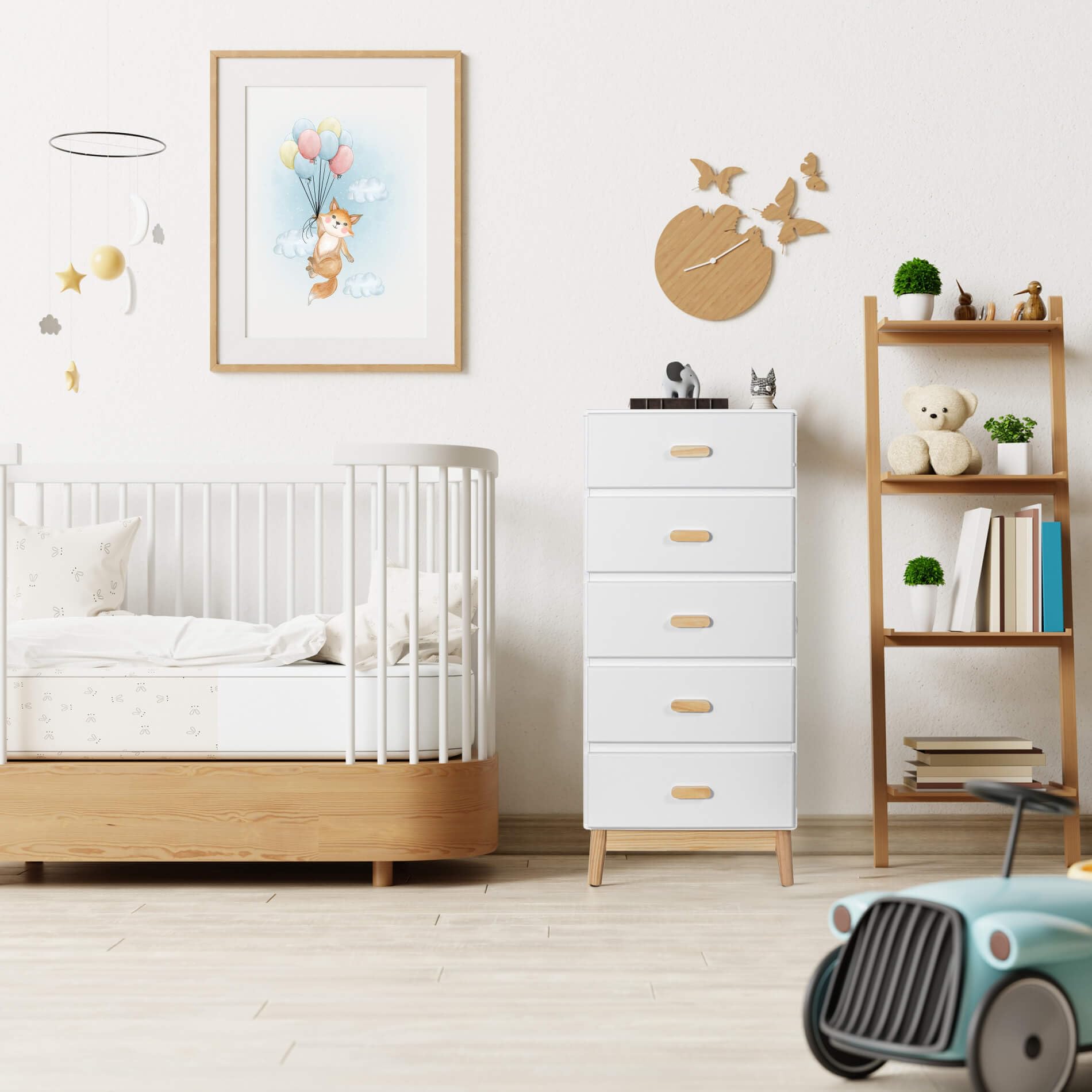 Rebecca Mobili Cassettiera per Cameretta, Cassettiera per Bambini, Bianco Marrone, MDF Pino, con 5 Cassetti, con Sistema Anti Ribaltamento - Misure HxLxP: 115 x 50 x 40 cm - Art. RE6980