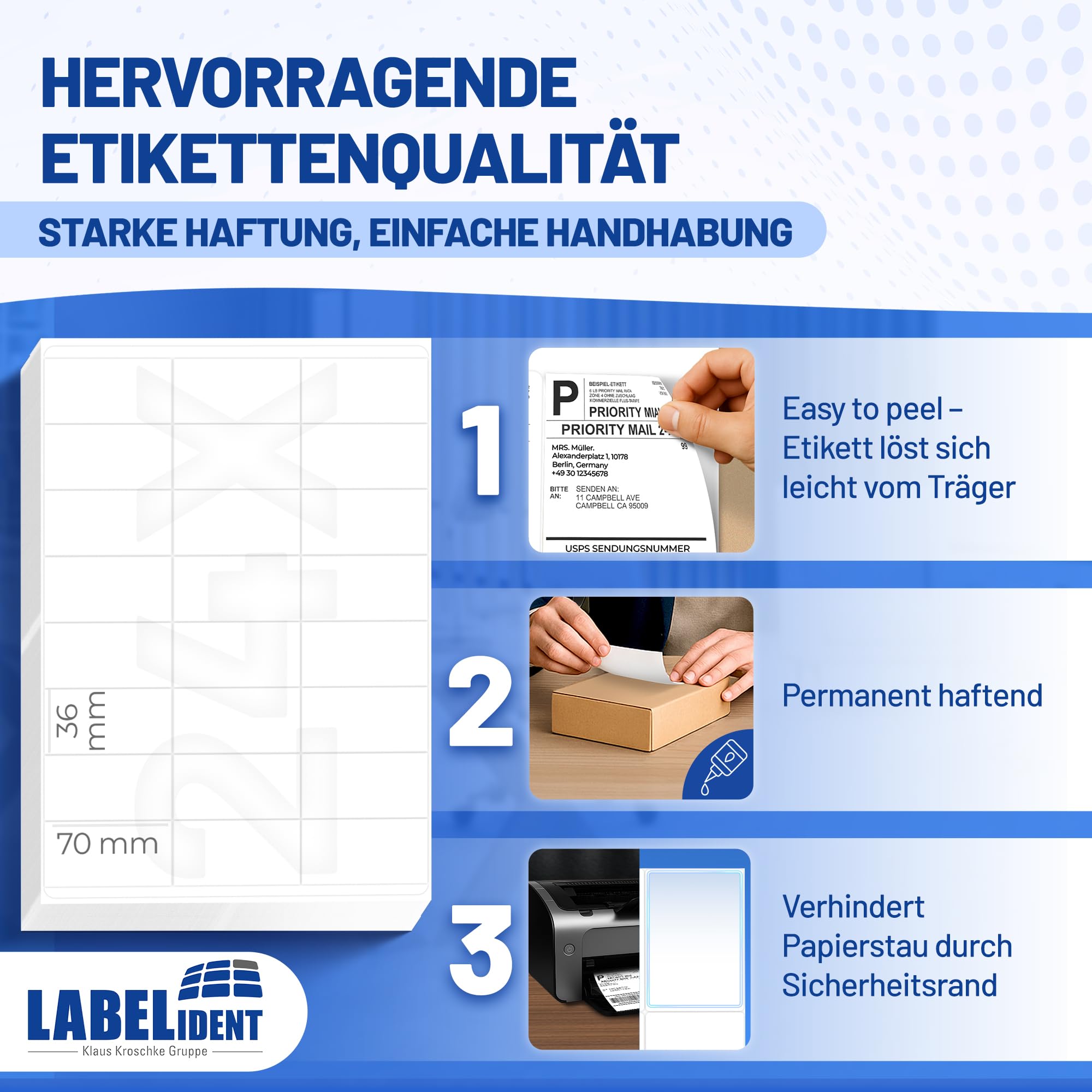 Labelident Laser-Etiketten 70 x 36 mm weiß - 24 Etiketten pro A4-Bogen - 24.000 Etiketten (1.000 DIN A4 Bögen) geeignet für Laser- & Inkjetdrucker